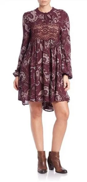 free people sweet thing printed tunic dress purple paisley burgundy size‎ small thumbnail 1