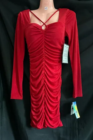 BCX Women’s Red Ruched Long-Sleeve Mini Dress Keyhole Detail MD NWT thumbnail 1