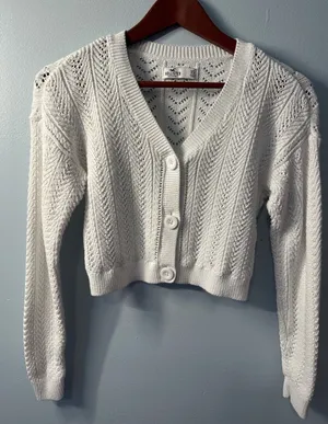 Hollister White Pointelle Knit Cropped Cardigan Sweater XS 350S27720 Cotton thumbnail 1