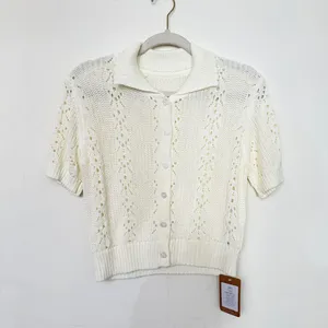 Rihoas white knit crochet short sleeve button up top thumbnail 1