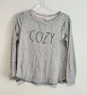 Rae Dunn Striped‎ “COZY” Long Sleeve pajama Top Grey White Size Medium thumbnail 1
