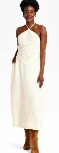 A New Day White Halter Backless Maxi Dress with Crochet Lace Detail, Size L thumbnail 1