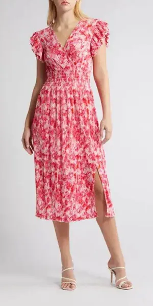 Chelsea28‎ Dress Flutter Sleeve Plissé Midi Dress NWT Pink Red Artful Petals Lrg thumbnail 1