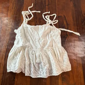 Madewell White Eyelet Tiered Cami Top Tie Straps Smocked Back Linen Blend Large thumbnail 1