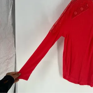 Free People Vibrant Red‎ Ribbed Lace Trimmed Dolman Sleeve Blouse Size M thumbnail 4