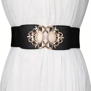 Golden Double Buckle Black Waspie Belt Stretchy Elastic Accentuating‎ Waist Band thumbnail 7
