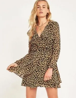 Frenchie Animal Leopard Print Wrap Dress Long sleeve boho S thumbnail 3