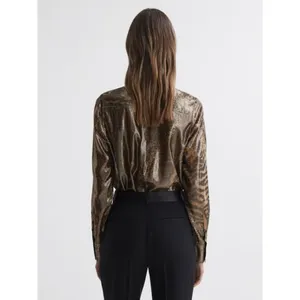 REISS Kendall Metallic Animal Print Tie Neck Blouse Gold Buttondown Size 8 thumbnail 7