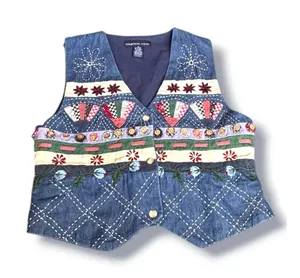 Vintage Eagle’s Eye Patchwork‎ Denim Vest Quilted Embroidered Cottagecore Artsy thumbnail 1