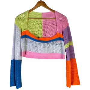 Womens Colorblock Crochet Knit Cropped Sweater Colorful Beachy Festival Size S thumbnail 2