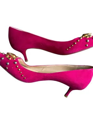 Christian Louboutin - Pink Suede Studded Pointed Toe Kitten Heel Pumps Sz 37 thumbnail 9