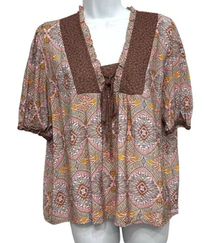 Current Air Quilt Contrast Motif Top Womens Size Large V-neck Short Sleeve Flowy thumbnail 1