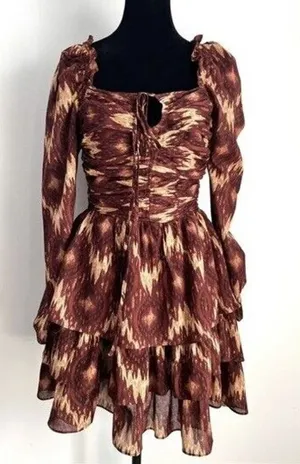 House Of Harlow Short Cotton Tiered Ruffle Party Dress XS Brown Artsy Hippie thumbnail 1
