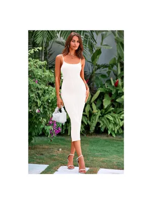 Slim Fit White Midi Dress with Spaghetti Straps thumbnail 4