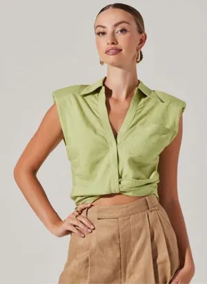 ASTR The Label Kathlynn Linen Blend Front Twist Collared Crop Top Celery Green thumbnail 1