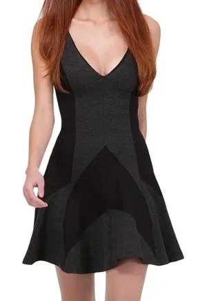 HALE BOB‎ Sleeveless V Neck Fit and Flare Dress Panel Blocked Black & Gray EUC S thumbnail 1
