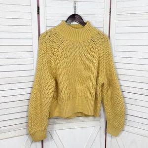 H&M Chunky Knit Funnel‎ Neck Barrel Sleeve Crop Sweater Yellow Medium thumbnail 7