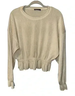 Zara‎ Cream Ribbed Peplum Sweater, Small thumbnail 1