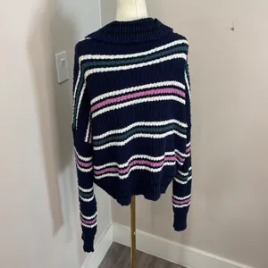 Free People Navy Blue Striped Chunky Knit Polo V-Neck Sweater Large thumbnail 9