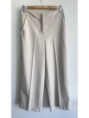 Zara Wide Leg Cropped Pants Cream High Rise Gold Button Stretch XS 24 thumbnail 2