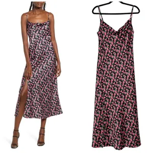 WAYF Floral Satin Slip Midi Dress Large‎ Black Side Slit Cowl Neck thumbnail 2