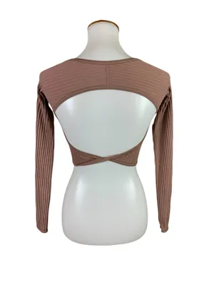 Out From Under Urban Outfitters Brown Ribbed Long Sleeve Crop Top XS S Y2K thumbnail 4