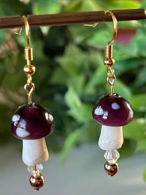 Handmade Purple Mushroom + Hematite Drop Earrings in gold 🍄 thumbnail 2