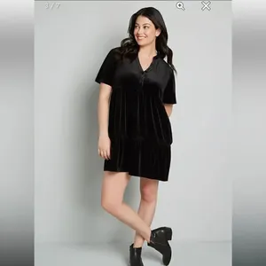 Modcloth Levels Of Levity Tiered Velvet Babydoll Dress Shift Black S NWT thumbnail 3