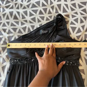 Adrianna‎ Papell Boutique Elegant Satin Black Beaded One-Shoulder Babydoll Dress thumbnail 12