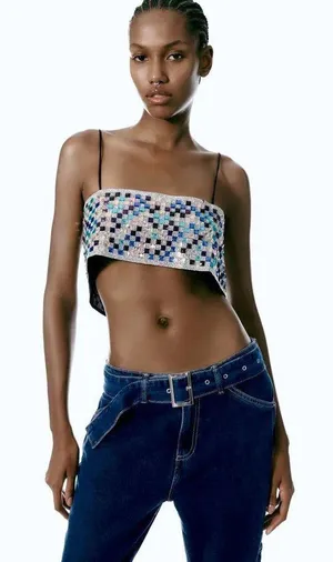 ZARA crop top shiny strappy rhinestones party night out thumbnail 13