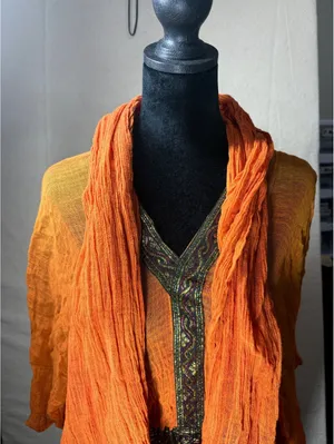 Boho Peasant Tunic Dress Burnt Orange Embroidered Gauze V-Neck Small/Medium thumbnail 4