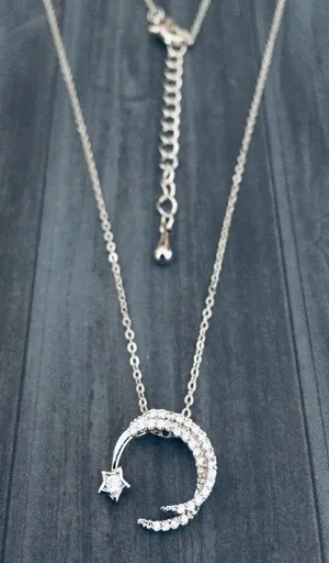 Crescent Moon Star Necklace Silver thumbnail 1