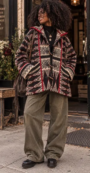 Cozy Geometric Hooded Cardigan Sweater in Black & Red thumbnail 1