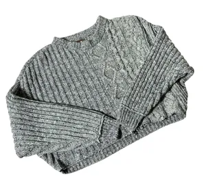 Free People On Your Side Cable Knit Sweater Womens XS Grey Cropped Pullover thumbnail 1