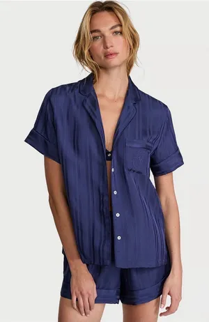 Victoria’s Secret VS Signature Shortie Pajama Set L Logo Medallion Striped Satin thumbnail 1