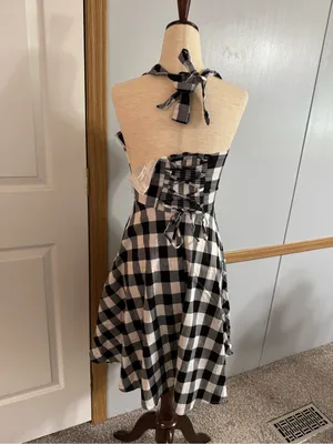 Topdress Black White Gingham Backless Halter Dress Size Small Retro Trad Wife thumbnail 2