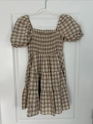 Peixoto Coco Beige and White Gingham Puff Sleeve Mini Dress Size Small thumbnail 3
