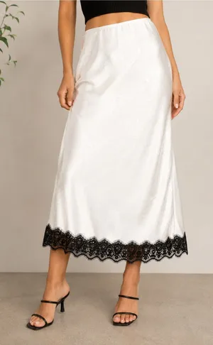 NWT A New Day Ivory Satin Slip Skirt Black Lace Hem Size Small Midi thumbnail 1
