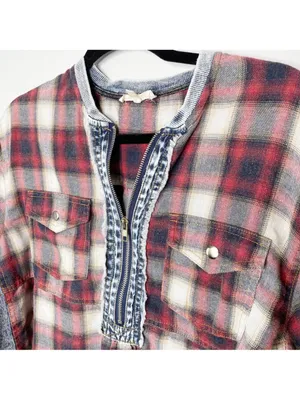 Prómesa plaid denim patchwork quarter zip collared pullover top S thumbnail 7