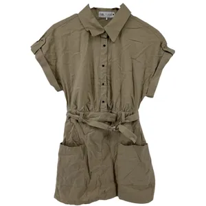Zara Linen Shirt Dress Collar Mini Short Sleeve Belted Button Pockets Beige S thumbnail 2