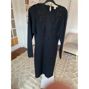 Vintage Black Beaded Lace‎ Maxi Dress Lambswool Old Money Evening Gown Black Tie thumbnail 2