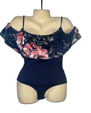 Francesca's Navy Velvet Floral Bodysuit with Pink Bloom Detail thumbnail 1