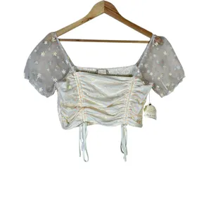 Altard State Floral Embroidered Mesh Ruched Crop Top Cream Large NWT thumbnail 2