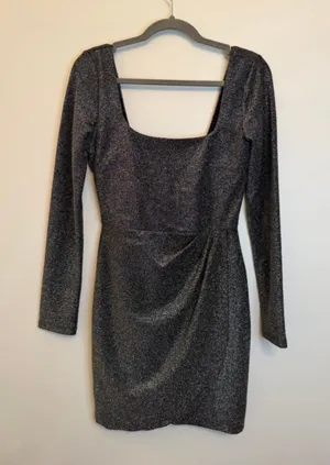 Women Altard State Small Black Silver Shimmer Sparkly Long Sleeve Mini Dress thumbnail 1