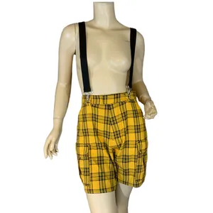 Hot Topic Yellow & Black Plaid Pleated Front Cargo Suspender Shorts (S) thumbnail 4