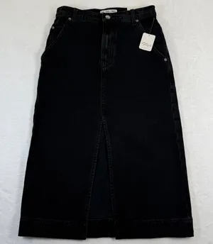 Free People We The Free Black Denim Midi Skirt Front Slit High Rise‎ Size 24 NEW thumbnail 1