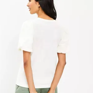 Loft White Bubble Puffed Sleeve Round Neck Tee/Top Size M NWOT thumbnail 2