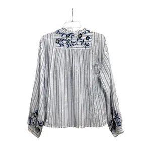 Pilcro Anthropologie Embroidered Striped Boho Blouse Blue White Long Sleeve M thumbnail 2