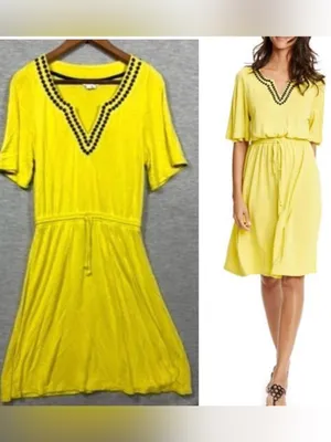 Boden Estelle Dress US 2‎ Yellow Linen Blend Drawstring Waist Embroidered Neck thumbnail 2