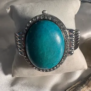 Genoa Woman's Bracelet Watch Turquoise Oval Cabochon Cover Lid thumbnail 1